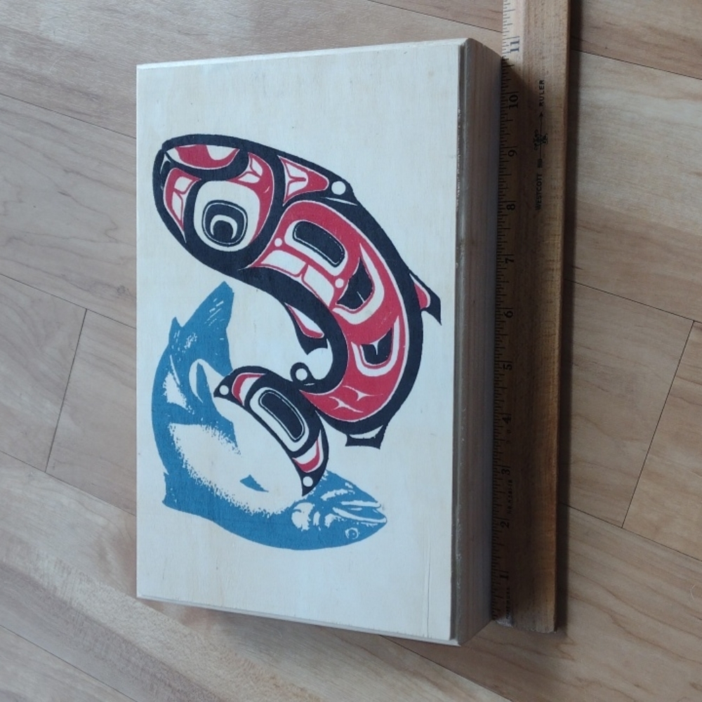 Small lightweight hinged wood box w/PNW native whale/fish painting